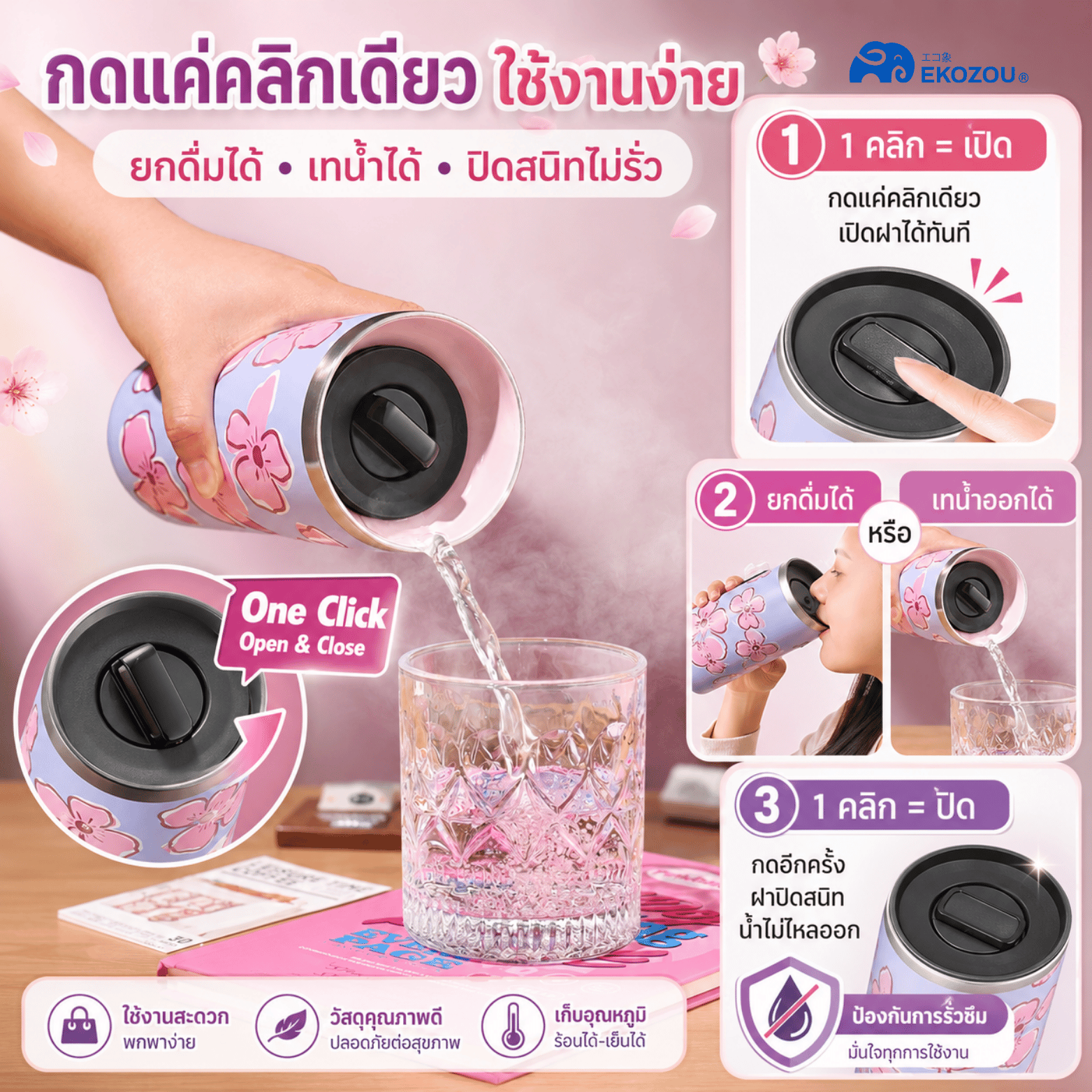 แก้วน้ำเก็บความเย็น เคลือบเซรามิก EKOZOU EKO CLIX ขนาด 480 มล. (LILY GARDEN)_2